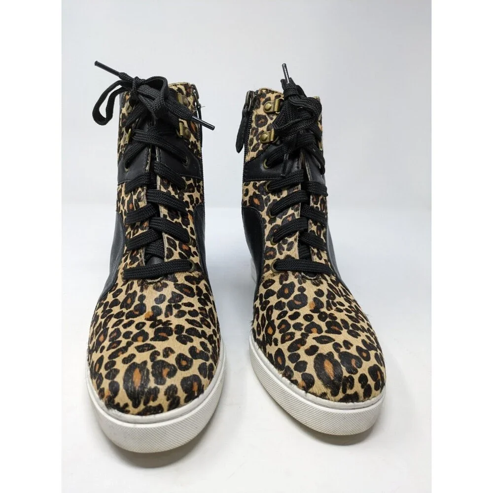 LINEA PAOLO Fleur Wedge Sneakers Leopard Print Calf Hair Leather Black Size 7M